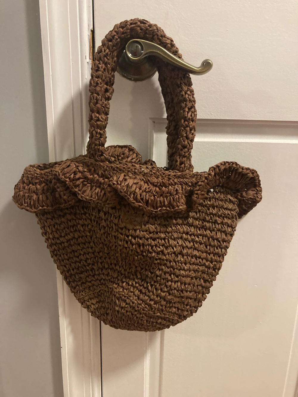 LOFT Brown Woven Ruffle-Trim Bag